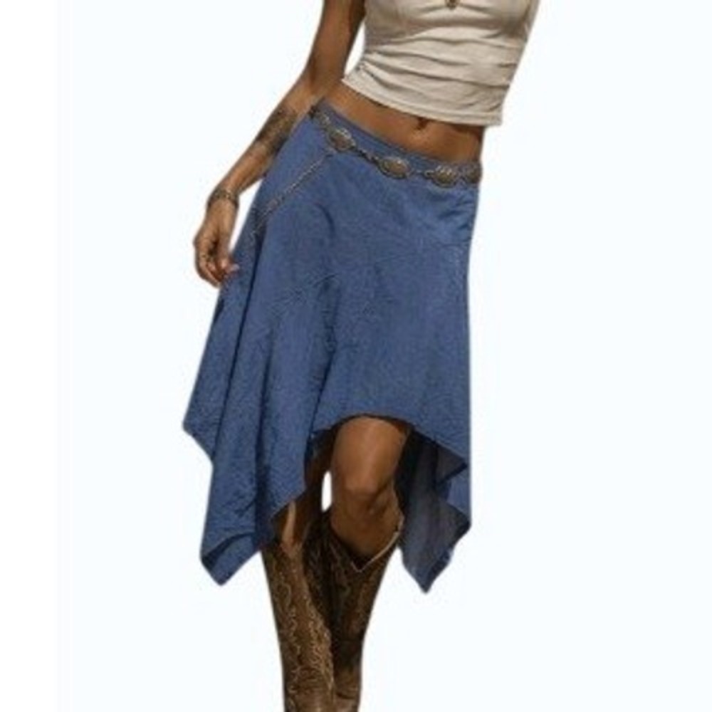 Y2K Denim Midi Skirt Asymmetrical Handkerchief 12 Blue Jean Western Boho Fairy